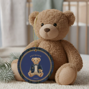 Blue Tartan Plaid Christmas Teddy Bear Ceramic Ornament