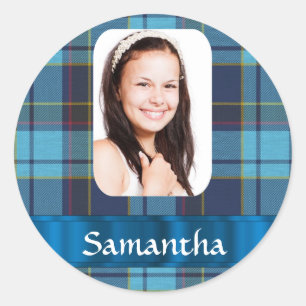 Blue tartan plaid photo template classic round sticker