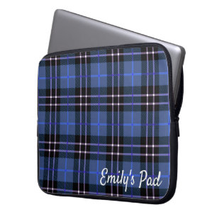 Blue Tartan Plaid With Name Laptop Sleeve