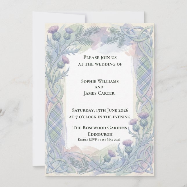 Blue Tartan Thistle Celtic Wedding Invitation (Front)