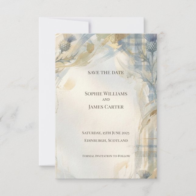 Blue Tartan Thistle Save the Date Card (Front)