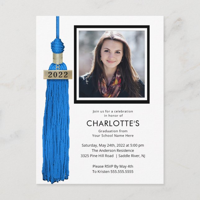 Blue Tassel Photo Graduation Invitation  Postcard (Front)