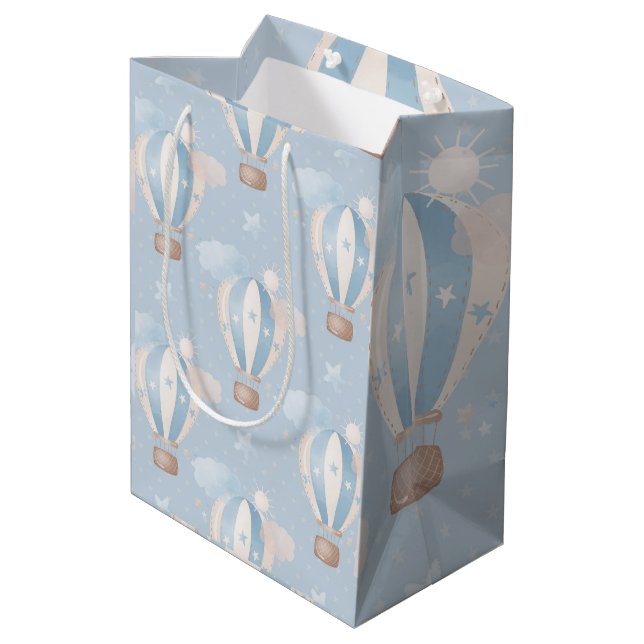 Blue Taupe Air Balloons Stars Clouds Boy Shower Medium Gift Bag (Back Angled)