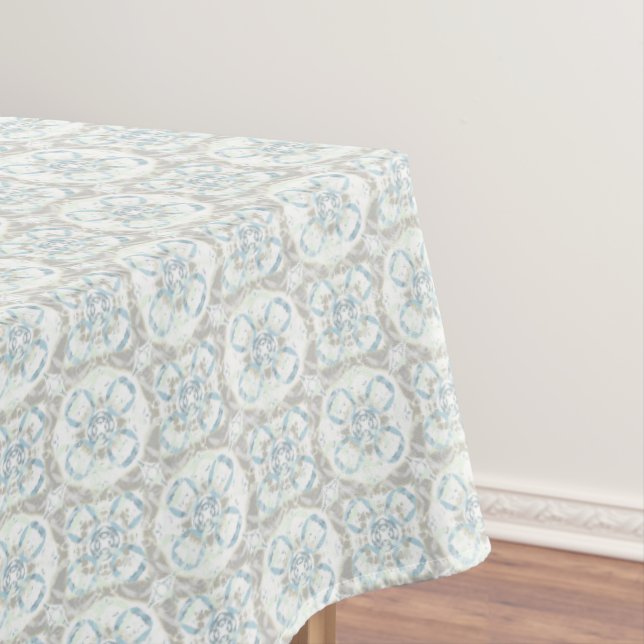 Blue, Taupe, and White Mottled Circles Pattern Tablecloth (In Situ)