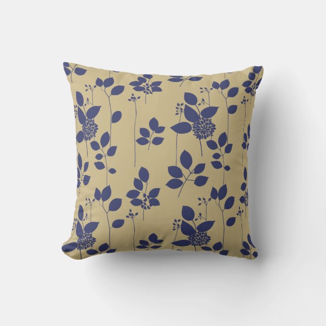 Blue Taupe Tan Brown Floral Pattern Throw Pillow (Front)