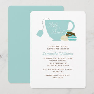 Blue Tea Cup and Macarons Baby Shower Invitation