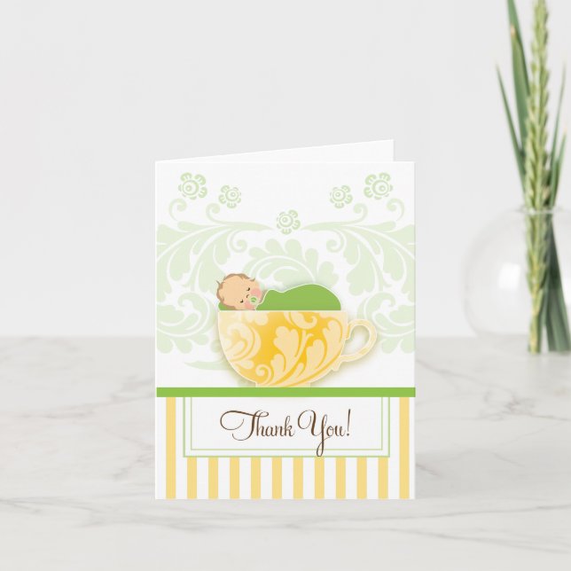 Blue Tea Cup Baby Shower Thank You Card (Front)