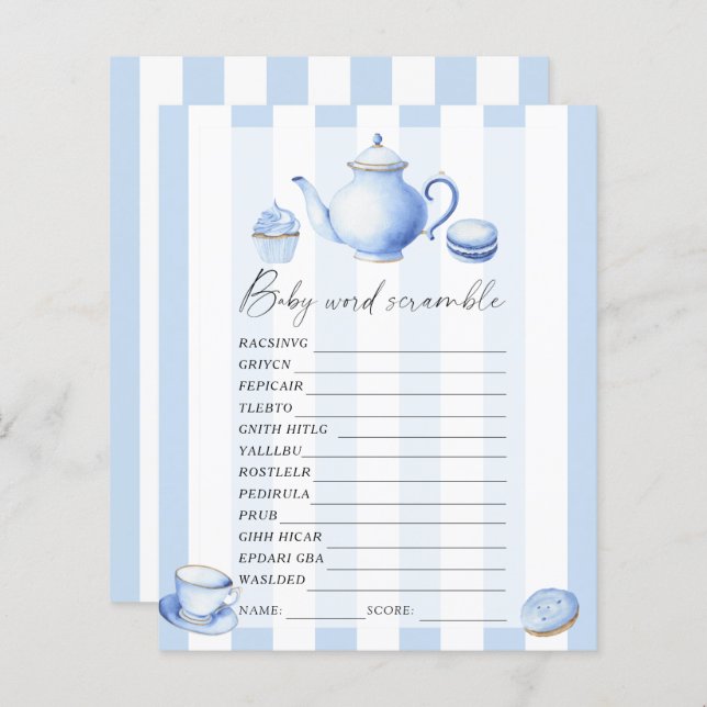 Blue tea party - Word scramble baby shower game (Front/Back)