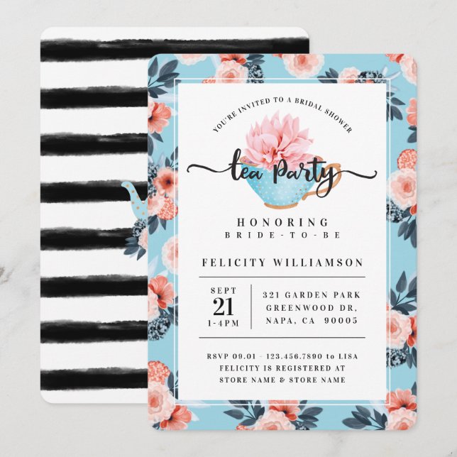 Blue Teacup Tea Party Bridal Shower Invitation (Front/Back)