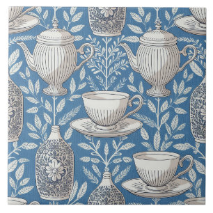 Blue Teacups Vintage Leaf Design Tile