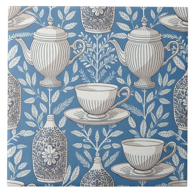 Blue Teacups Vintage Leaf Design Tile (Front)
