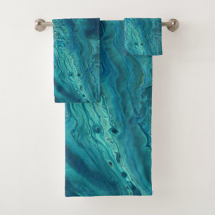 Blue Teal Acrylic Pouring Abstract Fluid Art Bath Towel Set