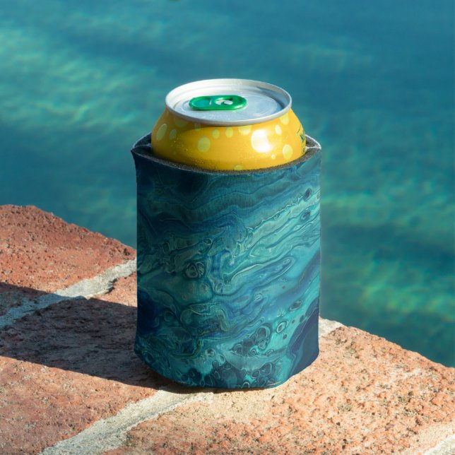 Blue Teal Acrylic Pouring Abstract Fluid Art Can Cooler (In Situ Pool)