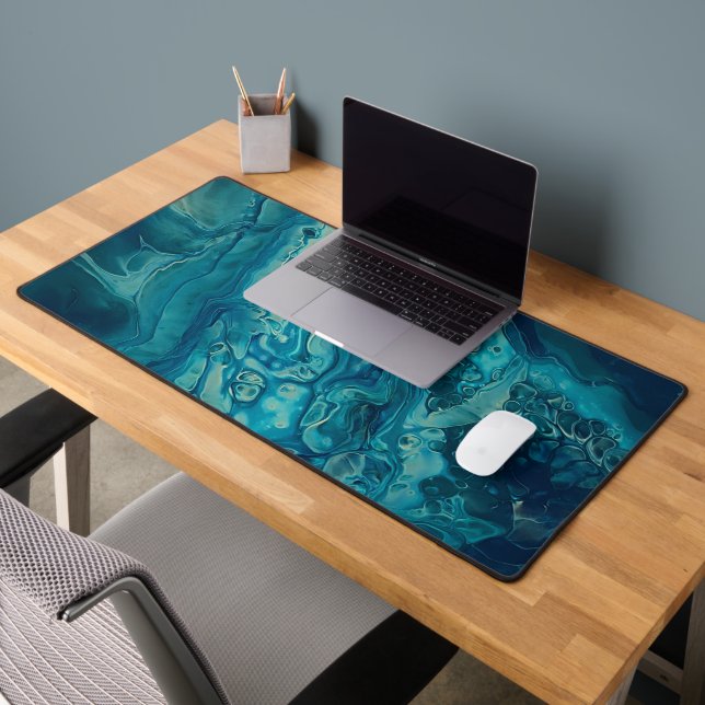 Blue Teal Acrylic Pouring Abstract Fluid Art Desk Mat (Office 2)