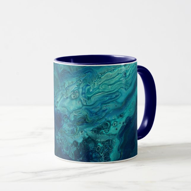 Blue Teal Acrylic Pouring Abstract Fluid Art Mug (Front Right)