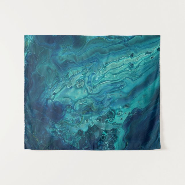 Blue Teal Acrylic Pouring Abstract Fluid Art  Tapestry (Front (Horizontal))