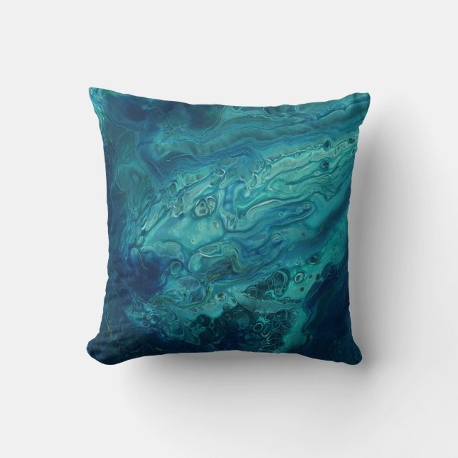 Blue Teal Acrylic Pouring Abstract Fluid Art Throw Pillow (Front)