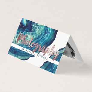 Blue Teal Agate Geode Stone Rose Gold Photographer Business Card