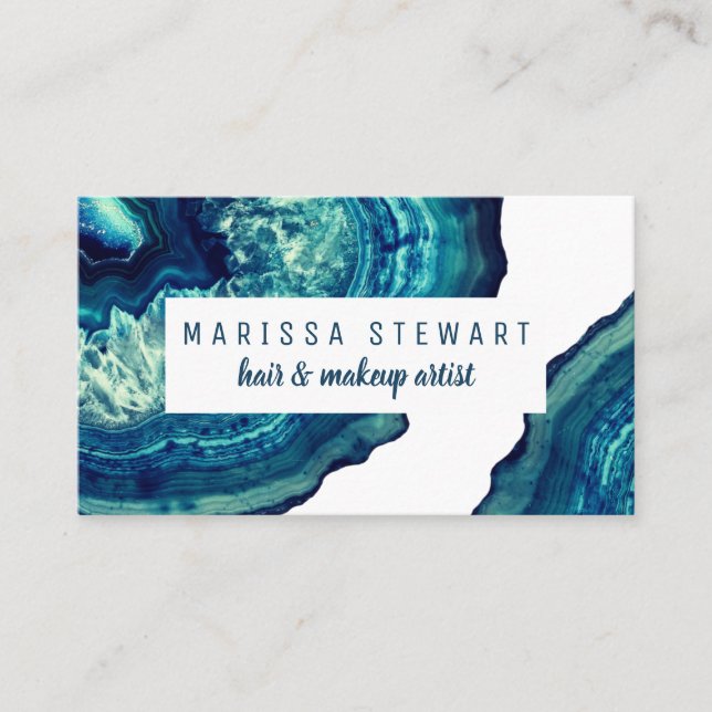 Blue Teal Agate Geode Stone Rose Gold Typography Business Card (Front)