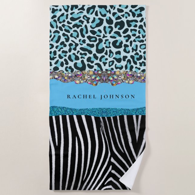 Blue Teal and Black Glam Glitter Beach Best Towels (Front)