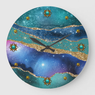Blue Teal and Gold Agate  Large Clock