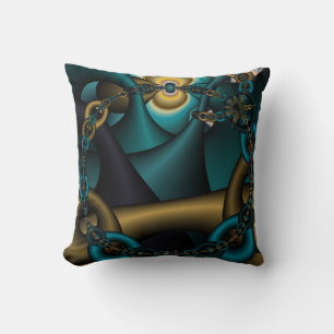 Blue teal and gold Chain Fractal art pillow