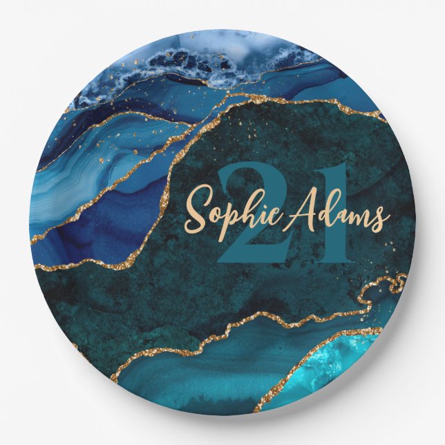 Blue, Teal and Gold Glitter Peacock Agate Birthday Paper Plate (Front)