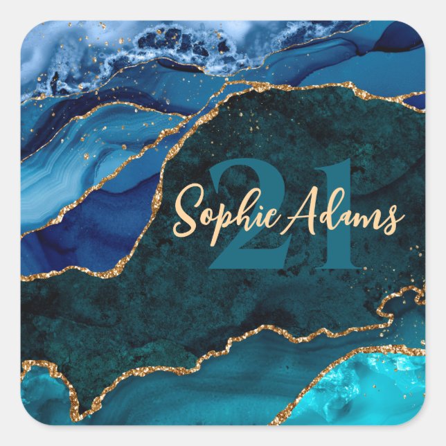 Blue, Teal and Gold Glitter Peacock Agate Birthday Square Sticker (Front)