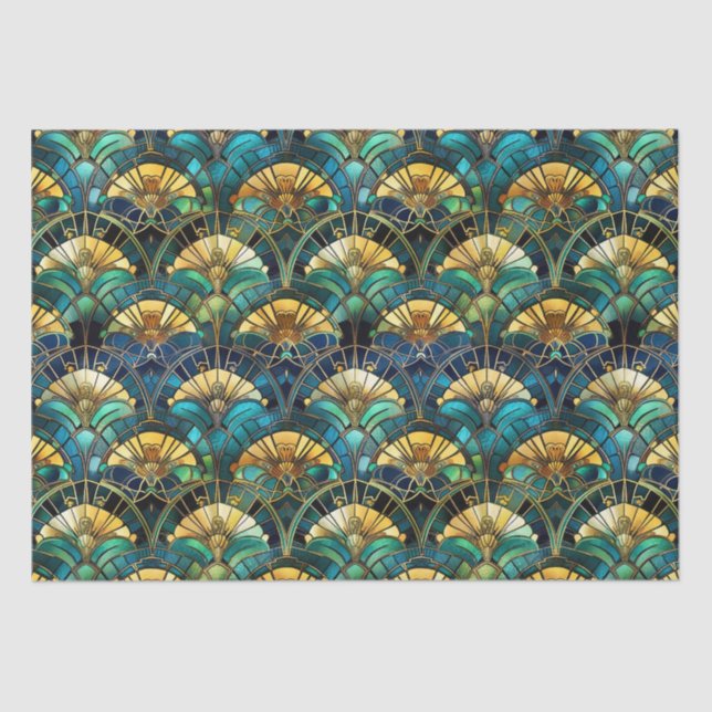 Blue, teal and Gold Peacock Stained Glass Tissue Paper (Front)