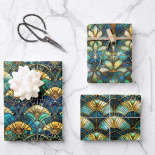 Blue, teal and Gold Peacock Stained Glass Wrapping Paper Sheet