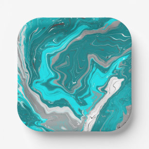 Blue, Teal and Turquoise Marble Fluid Art    Paper Plate