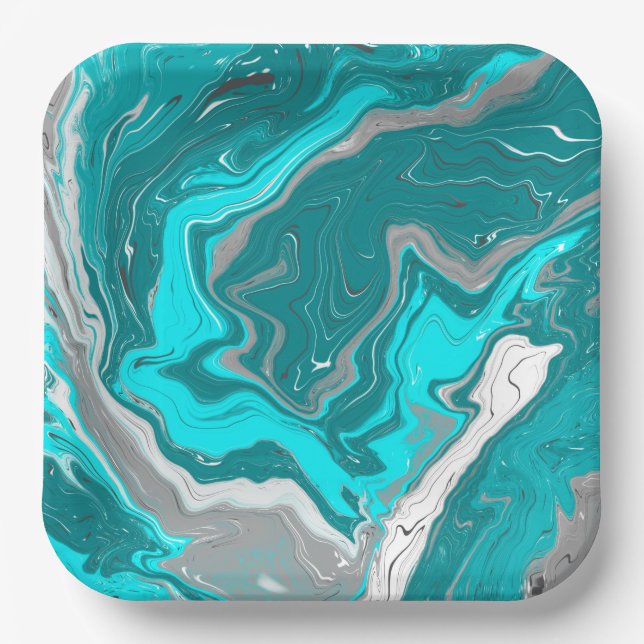 Blue, Teal and Turquoise Marble Fluid Art  Paper Plate (Front)