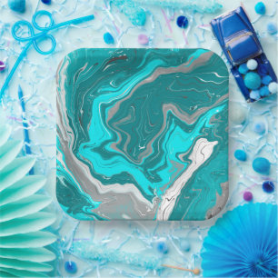 Blue, Teal and Turquoise Marble Fluid Art  Paper Plate