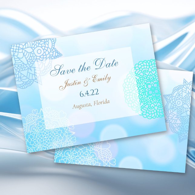 Blue, Teal and White Mandala Save the Date Wedding Invitation (Creator Uploaded)