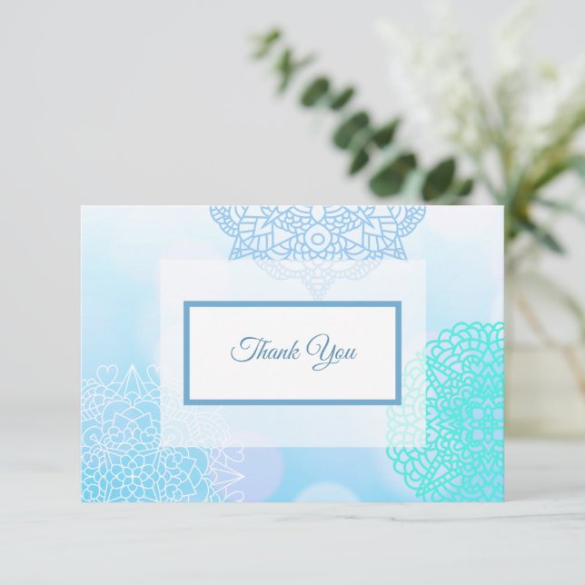 Blue, Teal and White Mandala Thank You Note  Card (Standing Front)