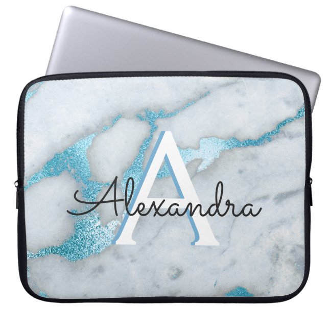 Blue Teal and White Marble Monogrammed Laptop Sleeve (Front)
