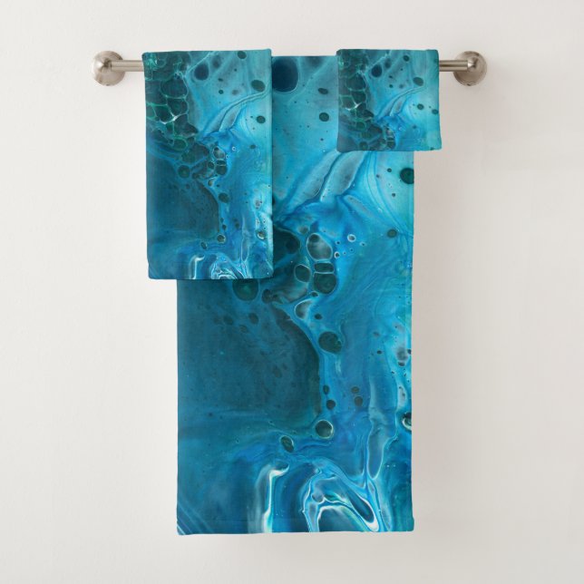 Blue Teal Aquamarine Marble Acrylic Abstraction Bath Towel Set (Insitu)