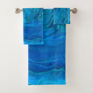 Blue Teal Aquamarine Marble Acrylic Abstraction Bath Towel Set
