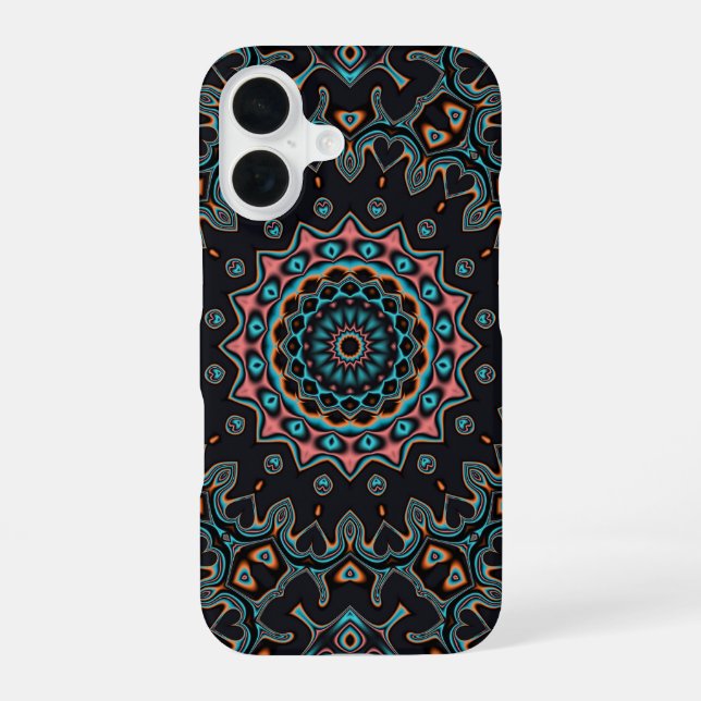 Blue Teal Black Pink Mandala Boho Pattern iPhone 16 Case (Back)