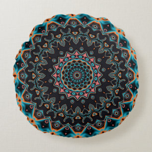 Blue Teal Black Pink Mandala Boho Pattern Round Pillow
