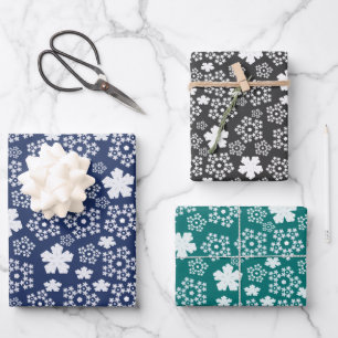 Blue, Teal, Black & White Star & Snowflake Pattern Wrapping Paper Sheet
