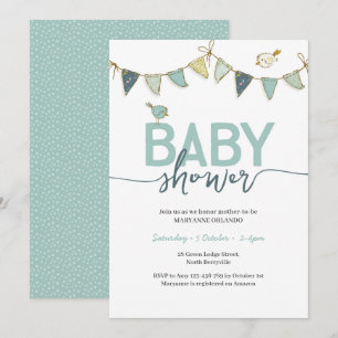 Blue Teal Boy Baby Bunting Baby Shower Invitation