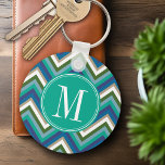 Blue & Teal Chevron Pattern with Monogram Keychain<br><div class="desc">I love this colour combination,  and it is perfect for any woman. If you need to adjust the artwork,  click on the customize button and move things around.</div>