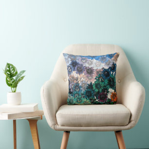 BLUE & TEAL CHRYSANTHEMUM FLORAL PATTERN THROW PILLOW