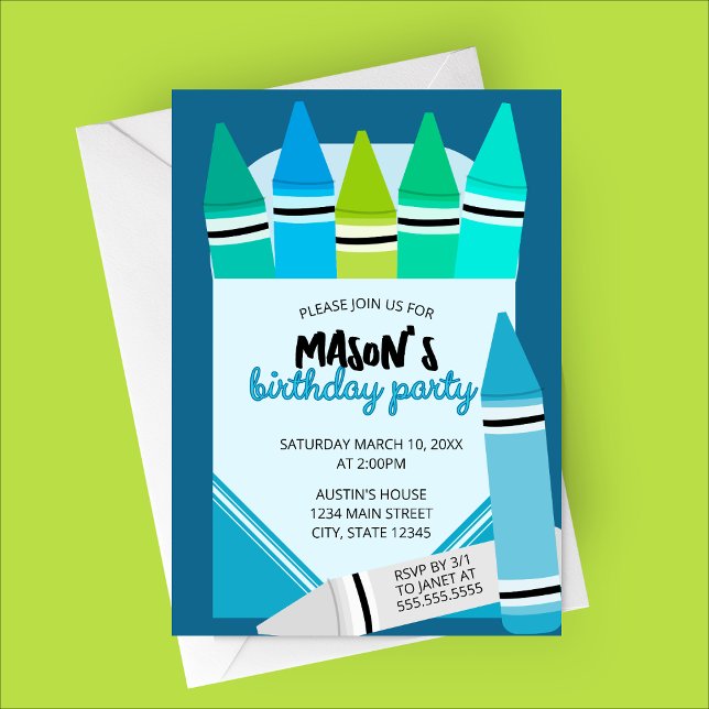 Blue & Teal Crayon Birthday Party Invitation (Blue Crayons Art Party Birthday Party Invitation)