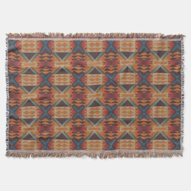 Blue Teal Dark Brown Beige Orange Red Tribal Art Throw Blanket (Front)