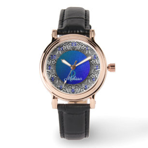 Blue Teal Faux Leather & Black Lace Monogram Watch