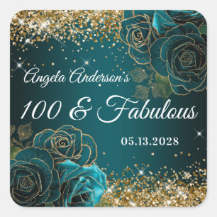 Blue Teal Floral Gold Glitter Glam 100 & Fabulous Square Sticker