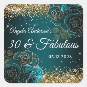 Blue Teal Floral Gold Glitter Glam 30 & Fabulous Square Sticker