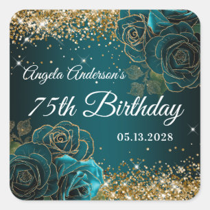 Blue Teal Floral Gold Glitter Glam 75th Birthday Square Sticker